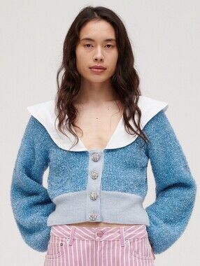 Ganni Blue Knit Poplin Collar Sparkle Cardigan